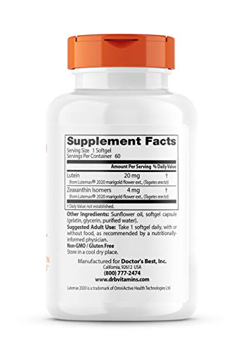 Doctor's Best Lutein Featuring Lutemax, Non-GMO, Gluten Free, Eye Health, 20 mg, 60 Softgels