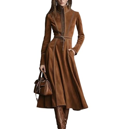 Braun,XXL,Langes Wildlederkleid für Damen, Lange Ärmel, Stehkragen, Durchgehender Reißverschluss, Business-Casual, dreesy A-Linien-Kleid mit...