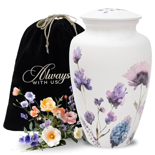 Image of Cremation Urns for Human Ashes Adult Female | Human Urn for Ashes for Women | Decorative for Cremation, Funeral, Burial, Home | Handcrafted Large Size - Purple Flower