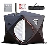 dosiwlatever Tragbares Isoliertes Eisfischerzelt 3–4 Personen – Winterzelt/Beheizbares Zelt mit Ofenanschluss, Isoliermatte, Tragetasche, Outdoor-Shelter, 210×210×210 cm Black