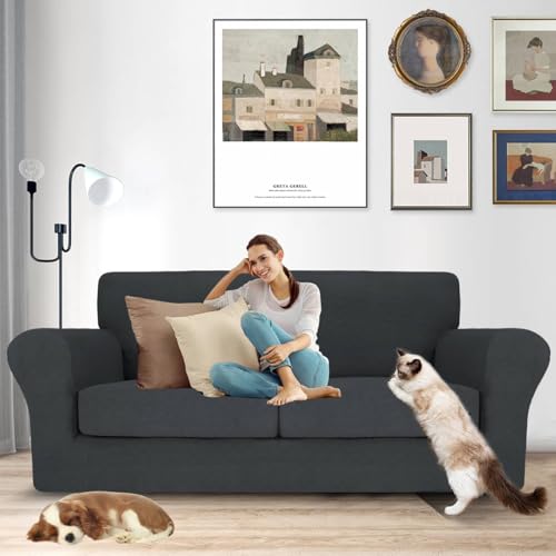 MAXIJIN 3 Piece Couch Covers for 2 Cushion Couch Sofa Cover, Stretch Loveseat Sofa Slipcovers for Sofas with 2 Large Cushions, Thick Dogs Pet Furniture Covers (71"-91", Gray) - Image 3