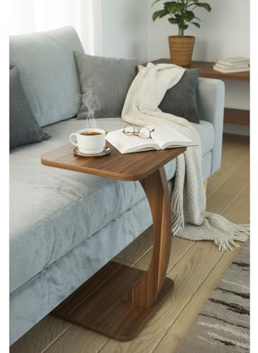Image of C Shaped Wooden Sofa Side Table for Living Room | Multipurpose Laptop Table for Couch Bed & Recliner | Space Saving Portable End Table | Modern Furniture for Home & Office Use-NB