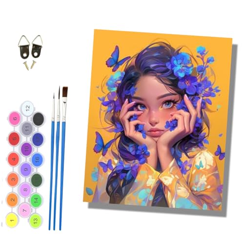HONGPZH Pintura por Números para Adultos Pintura al óleo digital para adultos de Cuadro para Pintar por 40x50cm pintura al óleo de Adecuado principiantesChica mariposa flor azul
