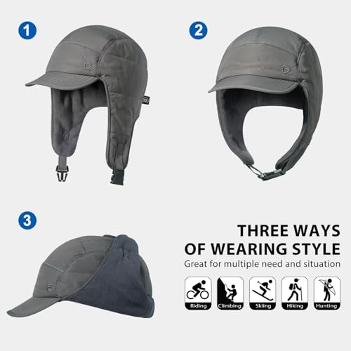 GADIEMKENSD Winter Trapper Hunting Hat with Earflaps Brim Visor Reflective Baseball Cap Warm Aviator Hats for Ski Rain Golf Work Running Outdoor Gray