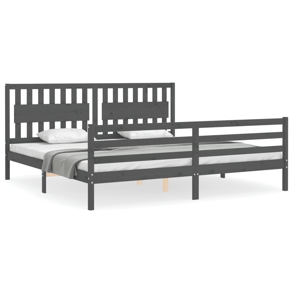 BaraSh Cadre de lit avec tête de lit Gris 200x200 cm Bois Massif,Lit À Cadre,Lit 2 Personnes avec Sommier,Lit Fer Forgé