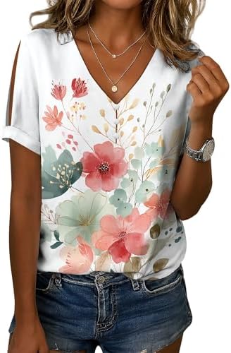 Summer Tops for Women Short Sleeve Vacation Loose Fit Casual Boho Floral Printed V-Neck Breathable Blouse Style07 S