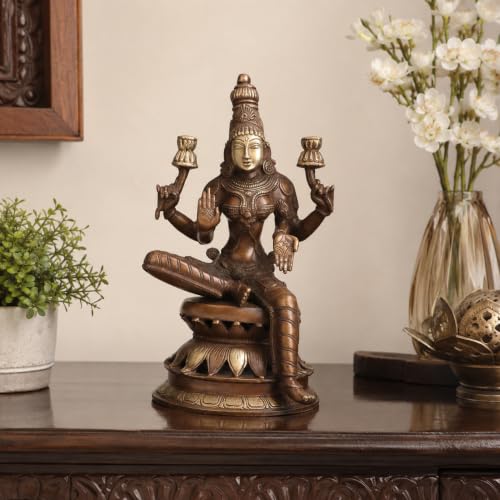 Image of Kartique Brass Lakshmi Idol on Lotus, 12 Inch for Home Temple (Bronze) | Handmade