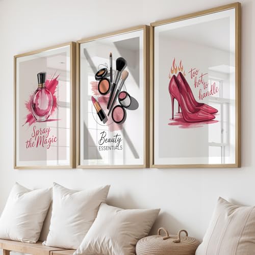 Image of NoWorries inchPink Fashion Wall Art Framed Painting Set of 3 | Perfume Bottle, Makeup Essentials & High Heel Illustration Posters with Frame | Glam Beauty Decor Frames for Bedroom, Vanity, Salon, Girls Room | Modern Chic Framed Wall Art (Art-17, 21x31inch, Wooden)