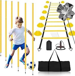 Fußball Trainingszubehör für Kinder, Fußballtrainingszubehör mit 6 Drehstangen, 6 m Koordinationsleiter, 12 Hütchen,Koordinationstraining, Geeignet für Das Training