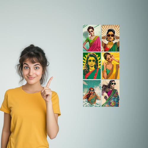 Image of SiddArtify Modern Pop Art Women in Sarees Print Set - Set of 2-4x6 Inch - Board (Pack of 6) - Sticker (Pack of 6) Wall Room Decoration art Poster Prints