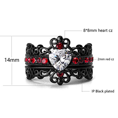 Couple Rings Black Plated Heart Red Cz Womens Wedding Ring Sets Crown Ring Titanium Man Wedding Bands（Please Buy 2 Rings for 1 Pair）2