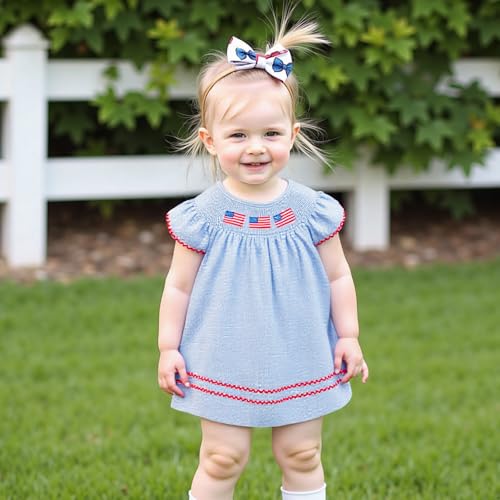 4th of July Baby Girl Outfits Toddler Independence Day Smocked Dress Puff Sleeve American Flag Embroidery Dresses2