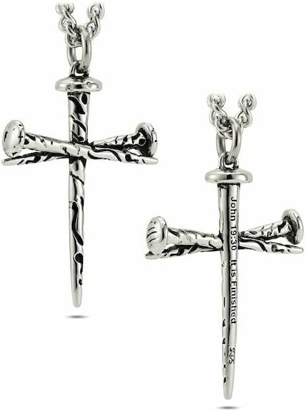 Shields of Strength John 19:30 Nail Cross Necklace for Men Stainless Steel or Gold Plated Christian Jewelry – Engraved “It Is Finished” – Authentic Three Nail Cross Pendant
