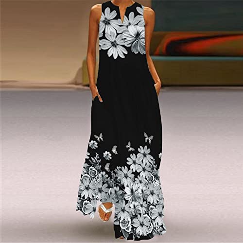 Summer Dresses For Women 2023 Plus Maxi Dress For Women Summer, Women's Casual Loose Long Dresses Sleeveless Flower Printed Beach Boho Dresses With Pocket #TOP1