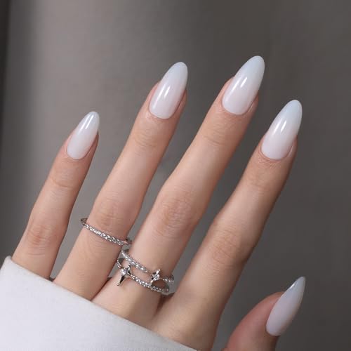 Image of Beetles Milky White Press On Nails, 160pcs Soft Gel Medium Almond Tips | 160pcs in 16 Sizes, Pre-Colored Milky White Tips for a Natural Medium Almond DIY Manicure