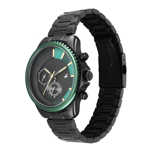 Image of Fastrack Wild Chameleons Back Inspired Bezel with Black and Green Dial IP Black Stainless Steel Strap Watch for Men - 3337KM01