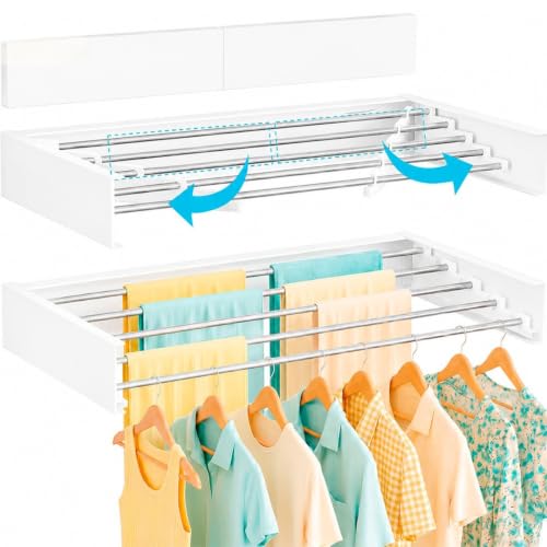 Marctani Tendedero Extensible Pared Ahorra Espacio - Tendederos Plegables ANTIOXIDANTES Interior o Exterior - Tendal Plegable Resistente 24 Pinzas - Tenderete de Ropa (Blanco, 80 CM)