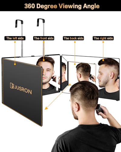 JUSRON 360 Viewing Angle Self Hair Cutting Mirror, Clear Anti-Fog HD Glass, USB Rechargeable, Easy to Use, Height Adjustable, Portable, Good Choice for Gifts