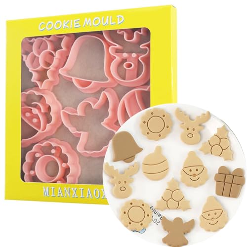 PTaizjjz Lot de mini emporte-pièces de Noël, 8 emporte-pièces en plastique pour biscuits de Noël, arbre, flocon de neige, Père Noël, renne, boîte cadeau, ange, cloche, lanterne