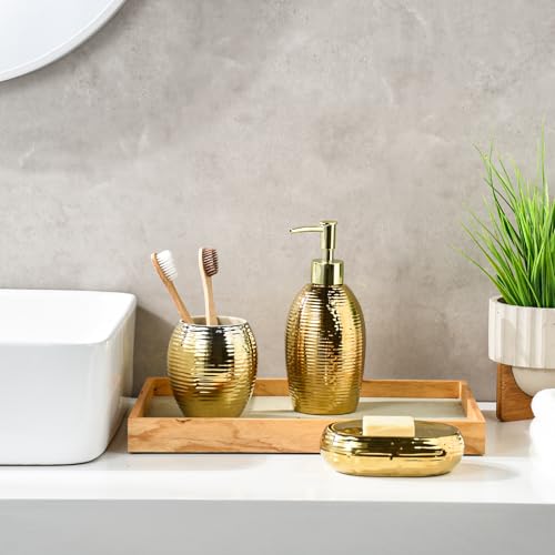 Gold Seifenspender Set, 3-teiliges Keramik Badezimmer Zubehör Set, Badezimmer Seifenschale und Luxus Cup Set（Streifen）