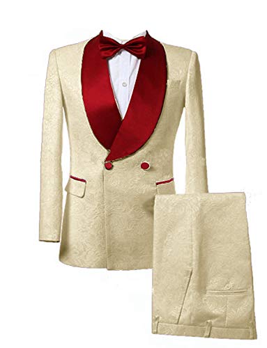 HOTK Men's Suits Slim Fit Shawl Lapel Jacquard Wedding Tuxedos 2 Piece Party Formal Suit