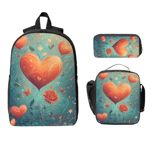 Cartoon Heart Cute Valentine's Decor Backpacks 3 Pcs Lightweight Casual Backpack with Fun Graphic Cartoon Print for Camping Touring