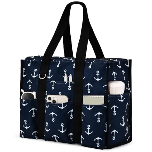 Becokan Grand sac fourre-tout pour femme imperméable avec 12 poches, fermeture éclair sur le dessus, polyvalent, sacs pour enseignantes et infirmières pour le travail et l'école, Motif ancre, Medium