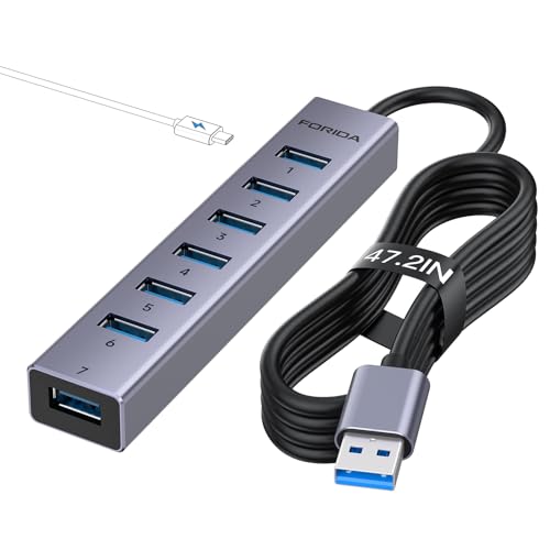 FORIDA 8-Port USB Multiport Hub mit 7 USBA 3.0 Datenanschl&uuml;ssen mit 5Gbps, Langkabel 3.0 Splitter Adapter mit 5V / 3A Type-C Port, Aluminium USBA Verteiler f&uuml;r PCs, Laptops (USB A, 120cm Grau)