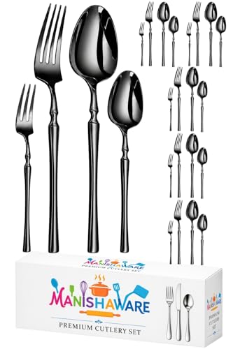 Image of Classic Black 24 Pcs Stainless Steel Cutlery Set for Dining Table, Dishwasher Safe Glossy Flatware (Perfect Spoon Fork Set)
