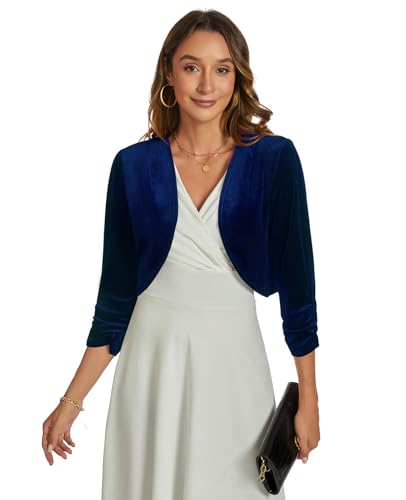 Image of Womens Velvet Bolero Shrug Elegant Open Front Ruched 3 /4 Sleeve Cocktail Party Cropped Cardigan