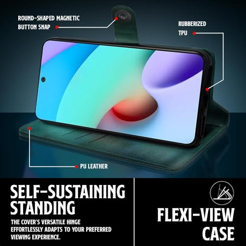 Image of WOW IMAGINE Shock Proof Flip Cover Back Case for Xiaomi Mi Redmi 10 Prime (Magnetic Button Flip Case | Wallet Pockets & Stand | Leather Finish | Forest Green)