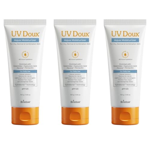 Image of Brinton UV Doux Aqua Moisturizer for 48-Hour Hydration | With Aquaxyl, Pentavitin, Ceramides & Hyaluronic Acid | Deep Moisture, Restores Skin Barrier & Reduces Dryness | 100 g x 3