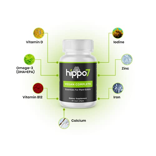 Hippo7 Vegan Complete Multivitamin Vitamin B12, Vitamin D, Omega-3 Dha+Epa, Calcium, Iodine, Zinc & Iron. (1 Bottle, 60 Softgels) #TOP1