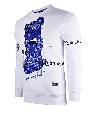 SCREENSHOT-F1122 Mens Urban Hip Hop Premium Fleece - Head Lifting Paisley Cartoon Teddy Bear Crew Neck Streetwear Sweatshirt-White-Small