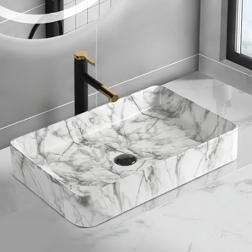 Image of QUALITO Designer Table Top Wash Basin for Bathroom, Living Room, Hall, Dinning Room | Big Size Ceramic Vessel Sink /Basin | Glossy Finish Marble Vanity Basin (24x14x5 Inch, Lexa)