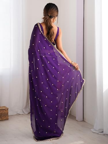 Image of AKHILAM Women's Pure Georgette Embroidered Saree With Unstitched Blouse Piece