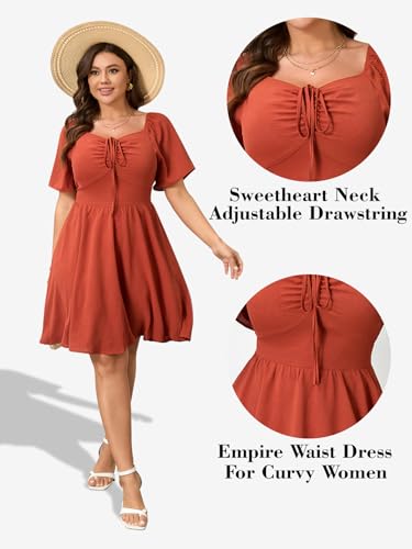 Image of RWJ Women Plus Size Summer Dress Short Sleeve Tie Front Sweetheart Neck Casual Mini Wedding Guest Dresses 2025