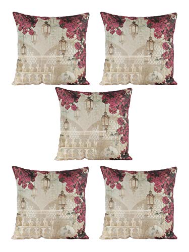 Image of ROMEE Designer Floral Printed Cushion Covers 16 inch x 16 inch Set of 5 | Decorative Square Jute Throw Pillow /Cushion Cover for Living Room, Sofa, Couch, Bedroom (Beige)