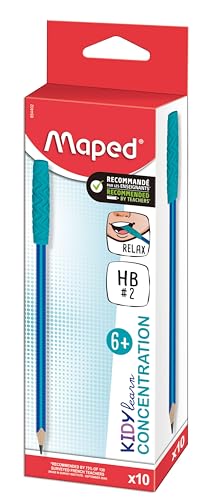 Maped - Kidy Learn Concentration - Box of 10 Ergonomic Graphite Pencils with Relaxing Chew/Bite Tips - HB Lead - Textured Grip - Image 2