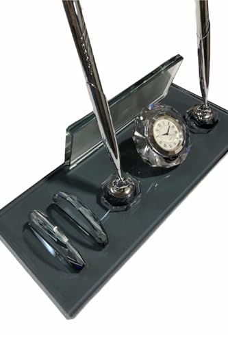 MOOGCO Custom Desk Name Plate: Black Glass Desk Name Plate with Clock, Pen Holder with 2 Pens, Cardholder - Desktop Nameplate, Desk Organizer (Black Glass Clock&Card)