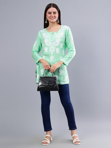 Image of Seva Chikan Hand Embroidered Lucknowi Chikankari Modal Short Top for Women SCL9147