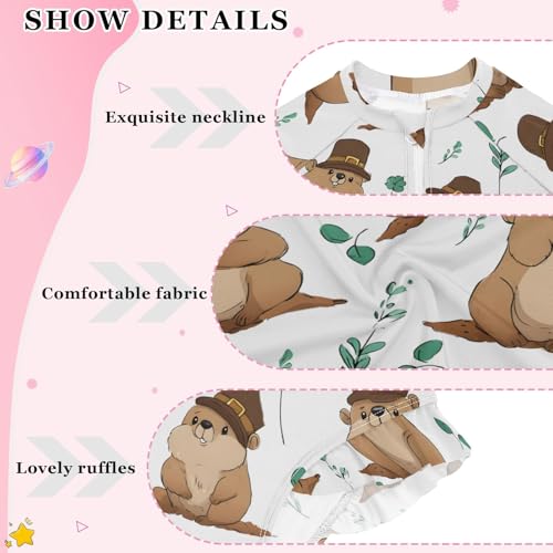 ALAZA Toddler Swimsuit Girl Bathing Suit Swimwear Rash Guard Groundhog Hat Long Sleeve 3T4