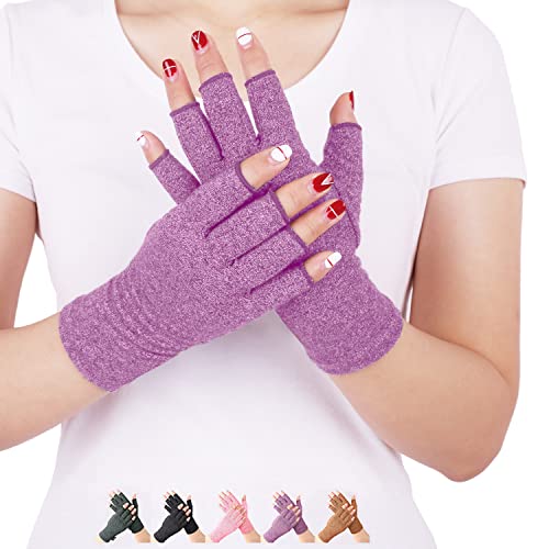DISUPPO Arthritis Compression Gloves Relieve Pain from Rheumatoid, RSI,Carpal Tunnel, Hand Gloves Fingerless for Computer Typing and Dailywork, Support for Hands and Joints (Purple, Medium)