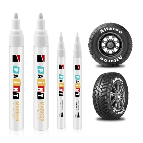 Altaroo 4 Stück Reifenstift, Reifen Stift Weiß Wasserfest 1mm & 3mm, Weissreifenstift Weis Wasserfest Große Kapazität für Auto Motorrad Reifen, Glas, Metall, Gummi