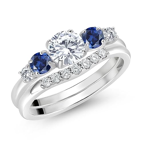 Gem Stone King 10K White Gold White Lab Grown Diamond and Blue Created Sapphire 5 Stone Bridal Engagement Wedding Ring Set For Women (0.89 Cttw, Round: 5MM and 3MM, Available in Size 5,6,7,8,9)3