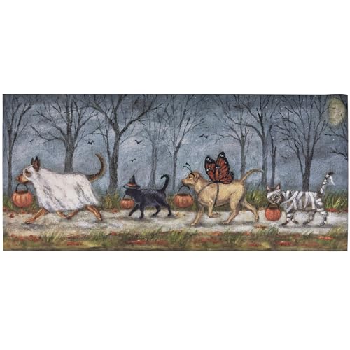 Primitives by Kathy Spooky Pet Parade Rug, displaying a Fun Design of Pets in Various Halloween Costumes Walking Together Holding Treat Buckets