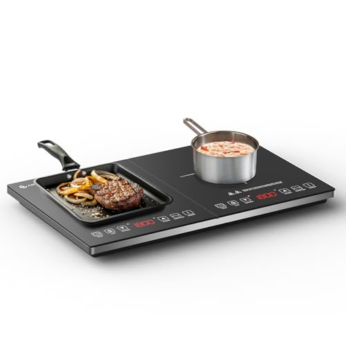 AMZCHEF Double Induction Hob Portable Induction Cooker with Ultra-Thin Body Independent Control 10 Temperature Levels Multiple Power Levels 2800W 3-Hour Timer Safety Lock