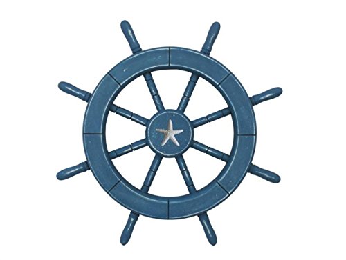 Handcrafted Nautical Decor Rustic All Light Blue Decorative Ship Wheel with Starfish 18" - Wooden Ships Wh