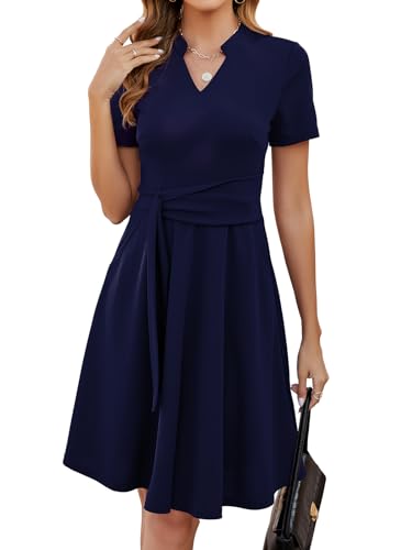 Mokayee Womens Summer Short Sleeve V Neck Fit and Flare A Line Business Casual Wedding Guest Work Dresses with Pockets