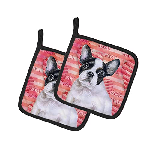 Caroline's Treasures BB9797PTHD French Bulldog Black White Love Pair of Pot Holders, Red Kitchen Heat Resistant Pot Holders Sets Oven Hot Pads for Cooking Baking BBQ, 7 1/2 x 7 1/2